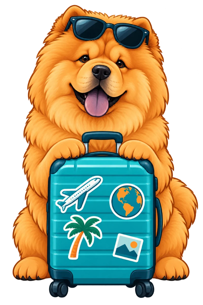 León, el chow chow mascota de PREPARATUMALETA.CL, con lentes de sol y su maleta turquesa con stickers de viaje